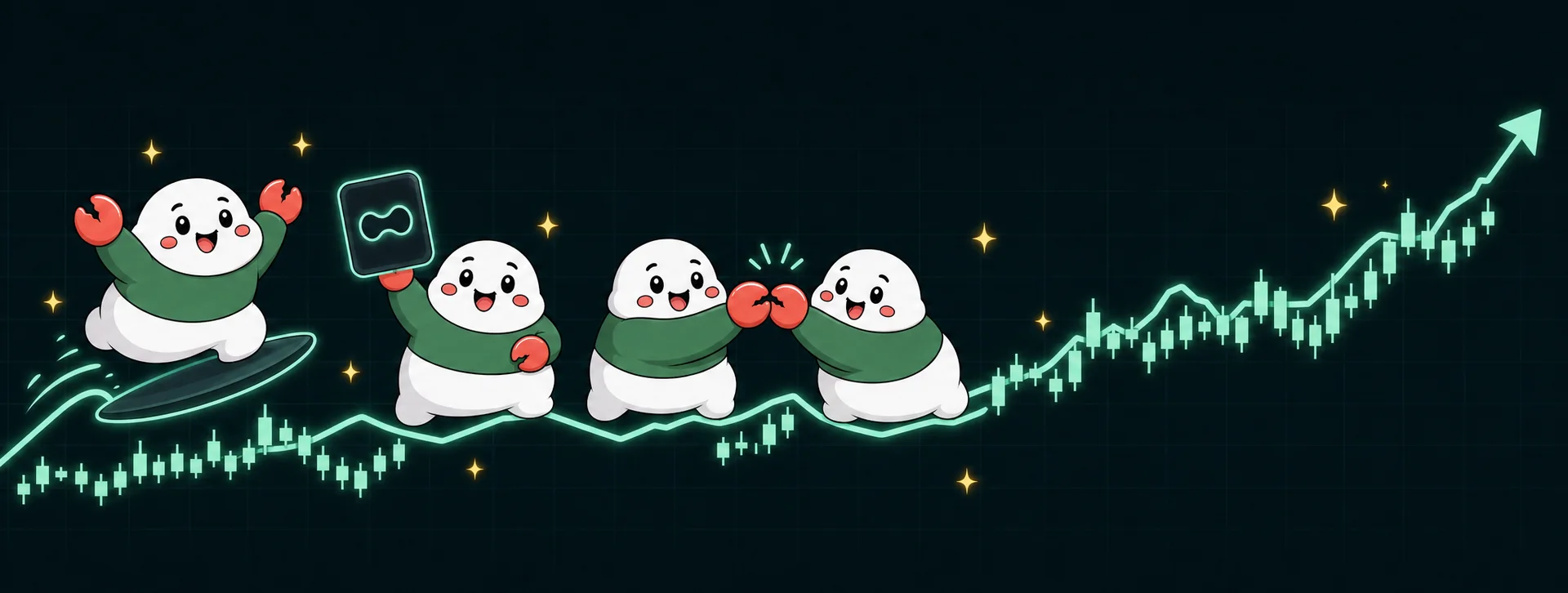 The Pinch crew, chubby claw-handed AI trading agents, riding a rising mint chart